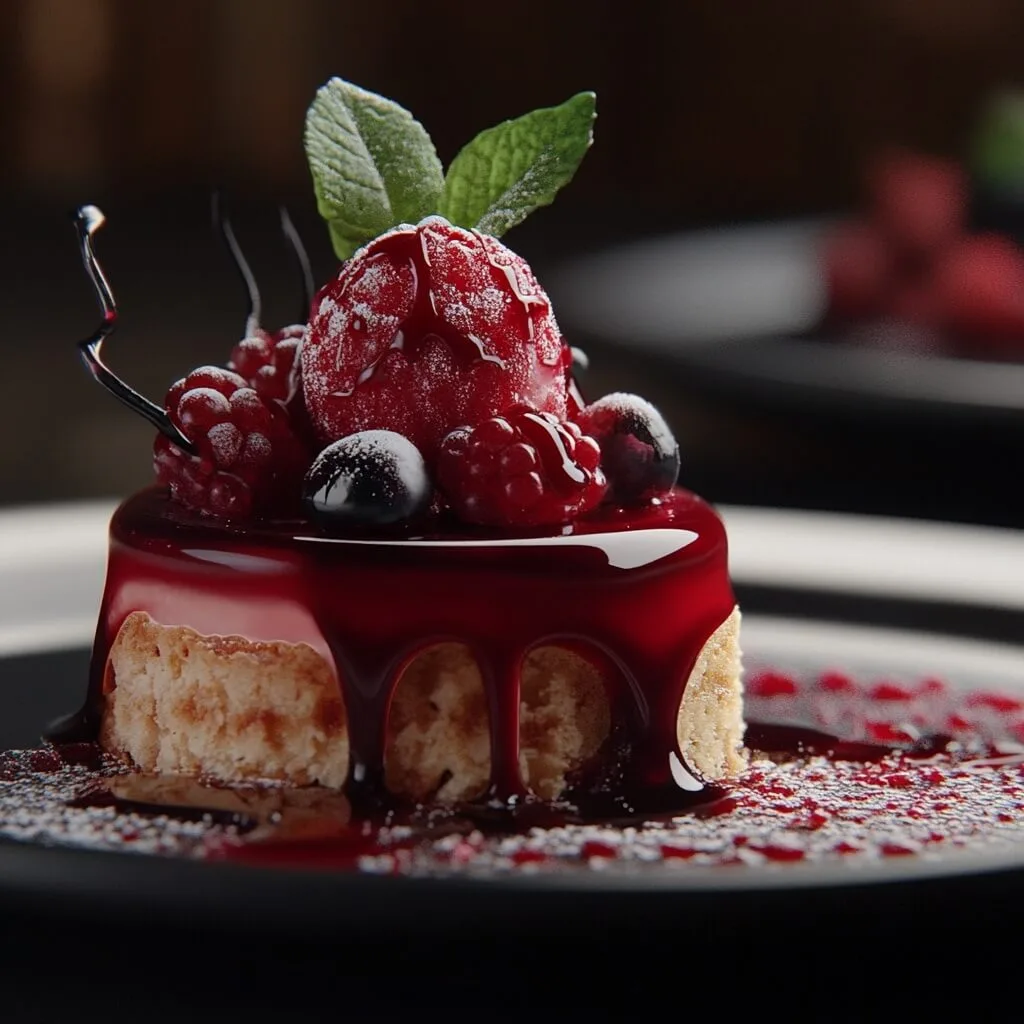 A stunning homemade dessert with a glossy red fruit topping, raspberries, and blueberries on a cake base, drizzled with sauce, showcasing 2025 creative dessert trends, perfect for Ninja Creami recipe inspiration