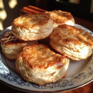 Golden homemade biscuits made with a 3 ingredient recipe without milk, stacked on a decorative plate, showcasing 2025 baking hacks.
