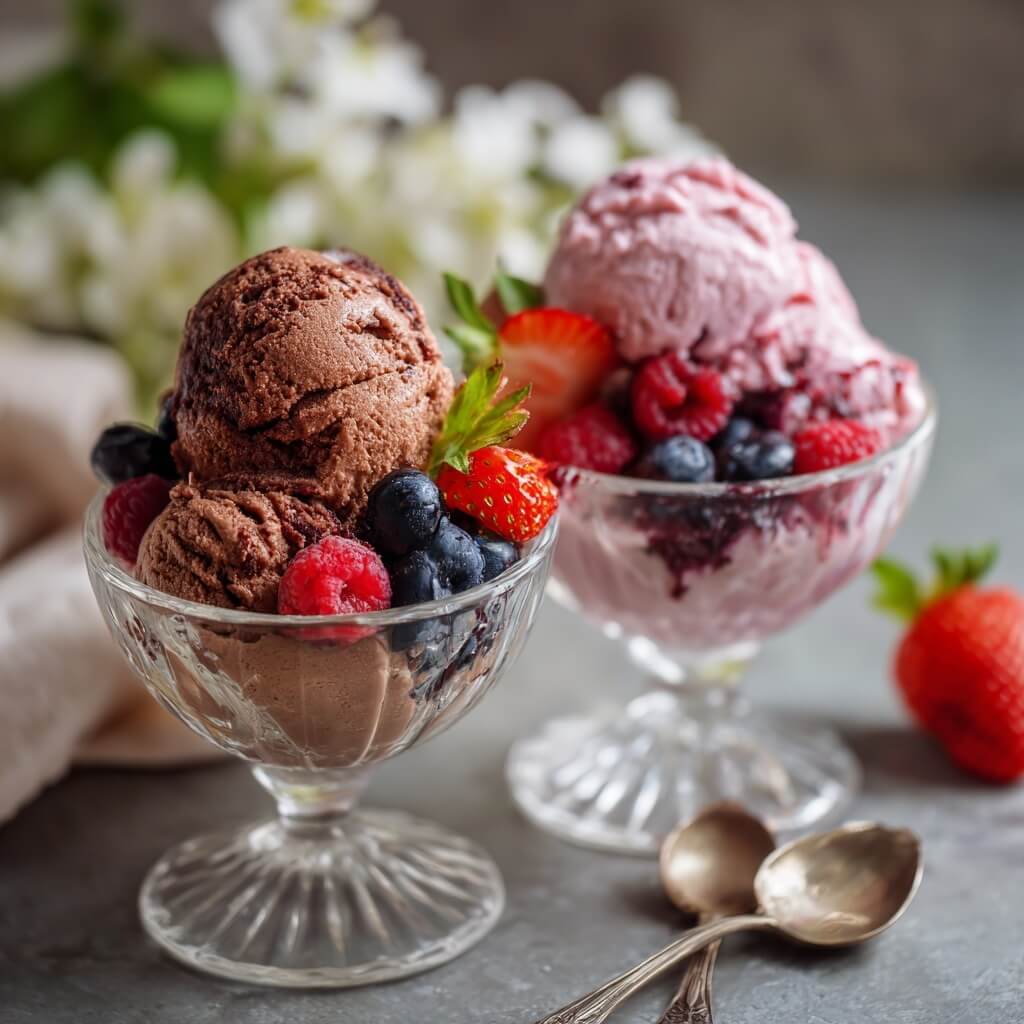 Berry and chocolate flavors of keto cottage cheese ice cream